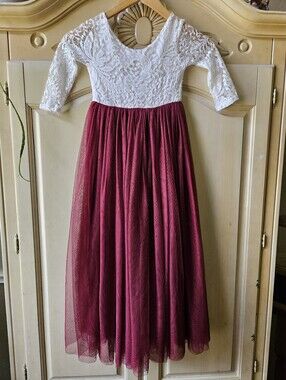Long Sleeve Lace Burgundy Tulle Flower Girl Dress Size 6